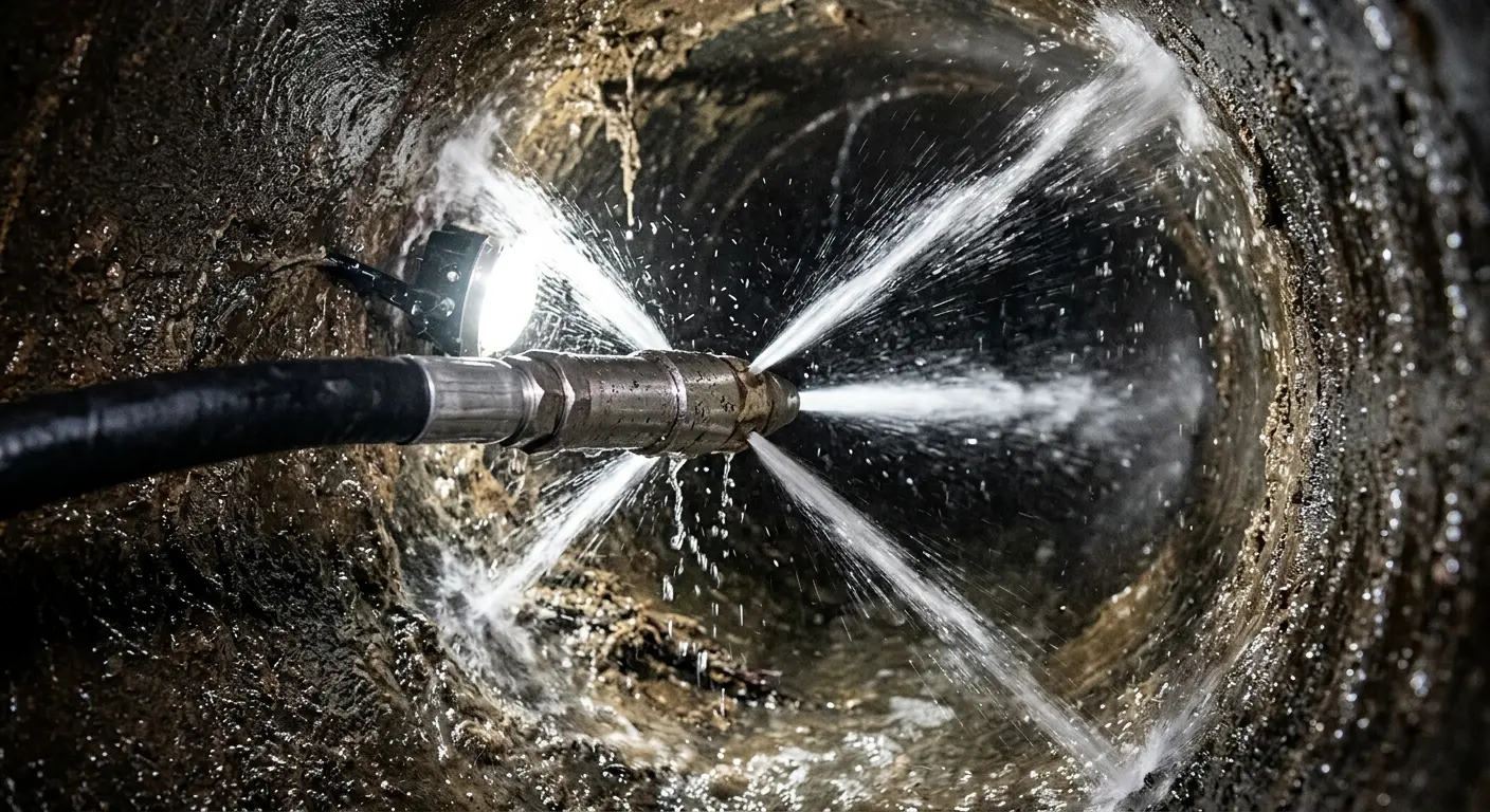 High-pressure hydro jetting nozzle cleaning sewer pipe for Trenchless Sewer Repair in Ashland City