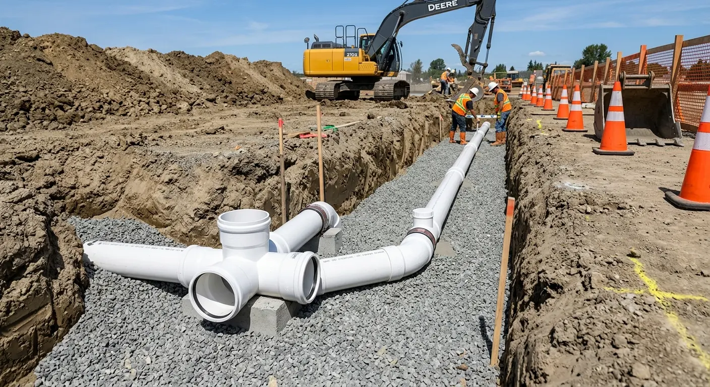 New PVC sewer pipe installation in open trench for Commercial Drain Cleaning in Ashland City